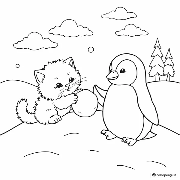 Kitten and Baby Penguin Playing