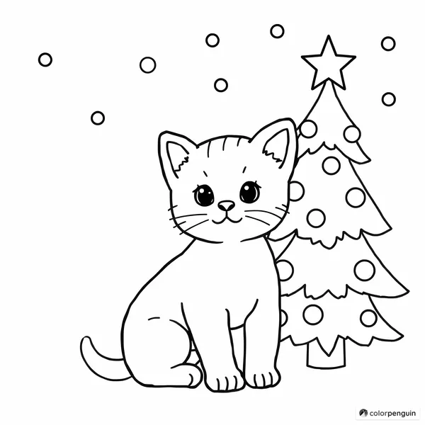 Kitten and Christmas Tree Coloring Page