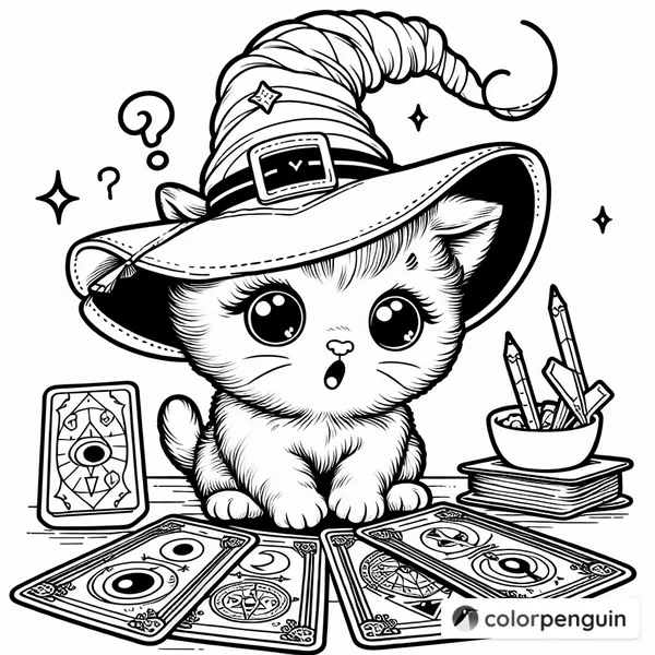 Kitten in a Witch Hat with Tarot Cards