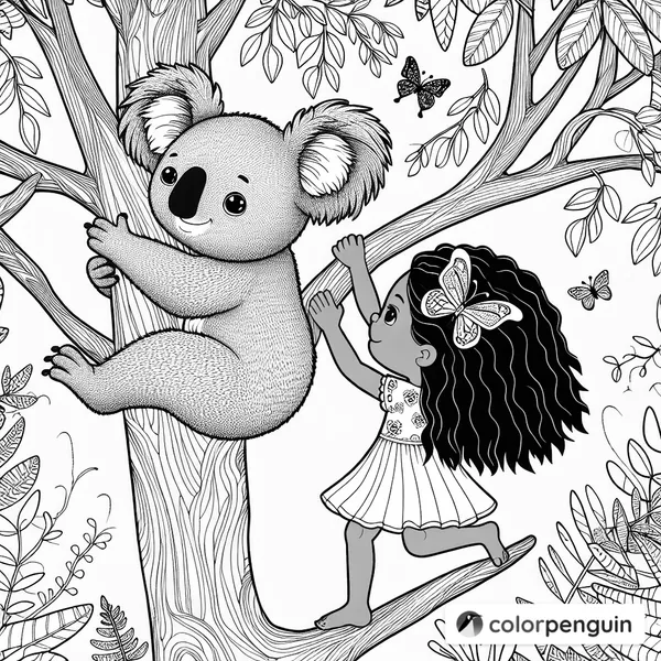 Koala and Girl Climbing a Tree