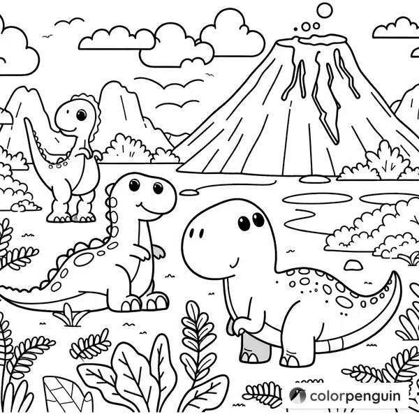 Cute Dinosaurs in a Prehistoric Landscape