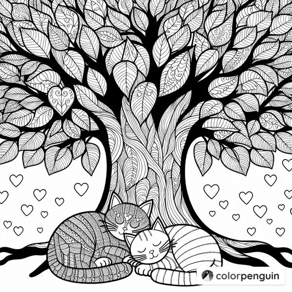 Heart Leaf Tree with Sleeping Cats