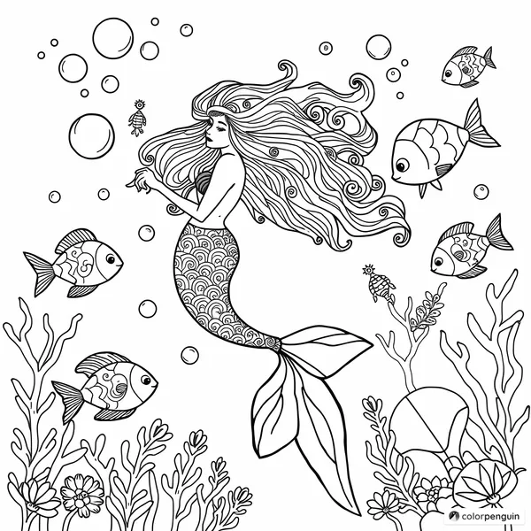 Mermaid with Long Hair and Sea Animals