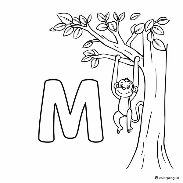 Monkey Swinging Next to Letter M