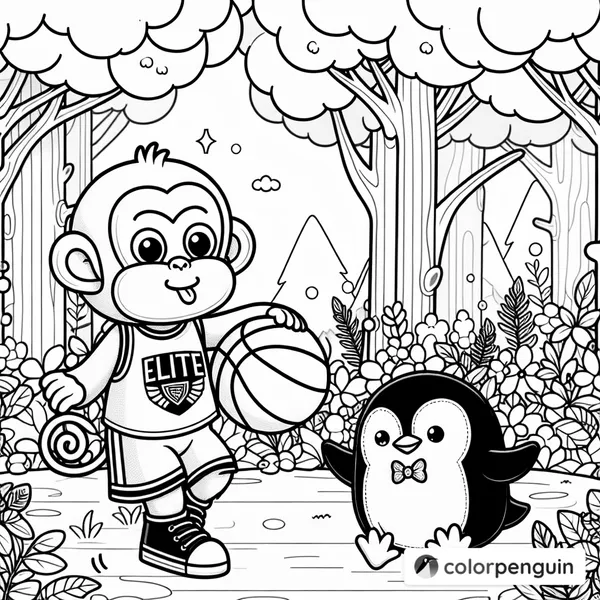 Monkey with Basketball and Penguin in the Forest