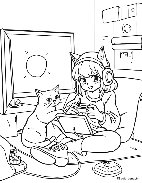 Emo Girl Gaming with Her Cat