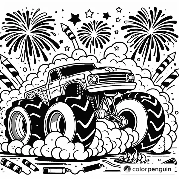 Monster Truck Burnout with Fireworks