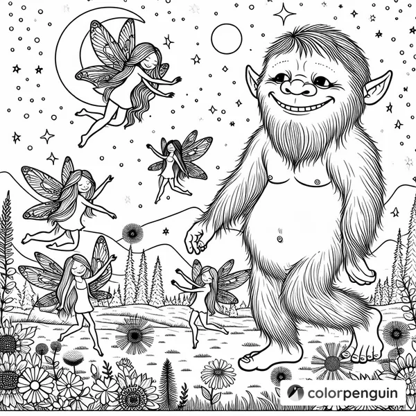 Fairies Dancing with BigFoot Under the Moon