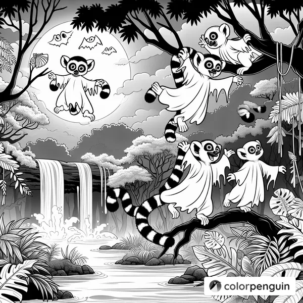 Lemurs in Ghost Costumes Leaping Through a Spooky Jungle