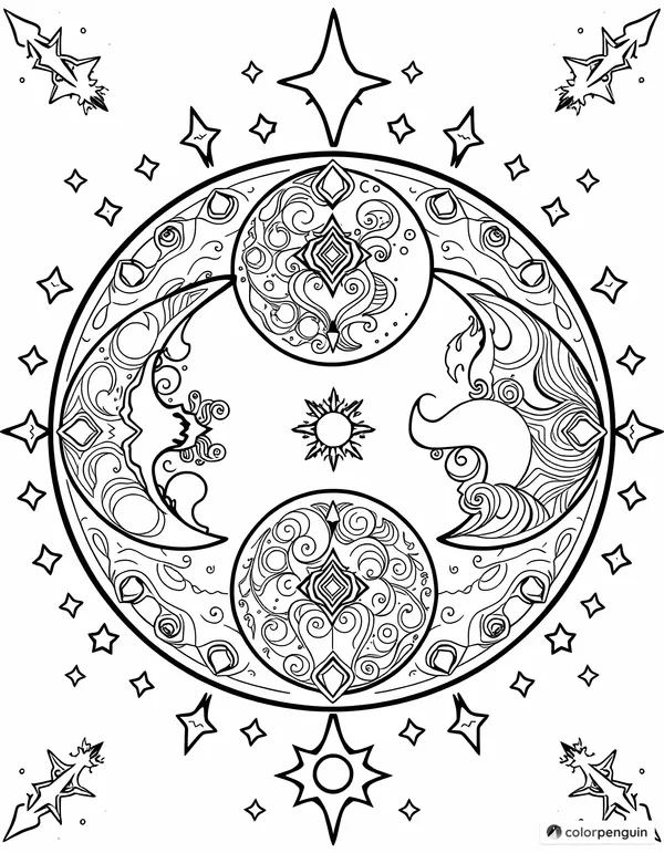 Triple Moon Symbol with Elaborate Patterns