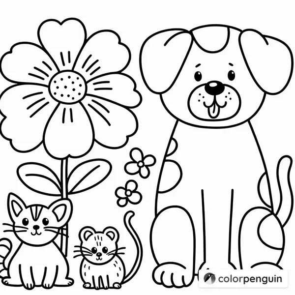 Big Dog, Cat, Mouse, and a Flower