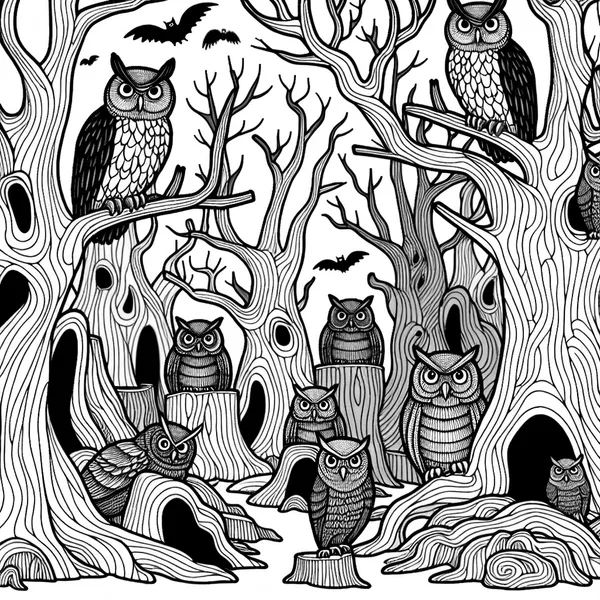 Spooky forest with owls and shadows