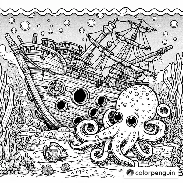 Curious Octopus and the Sunken Shipwreck