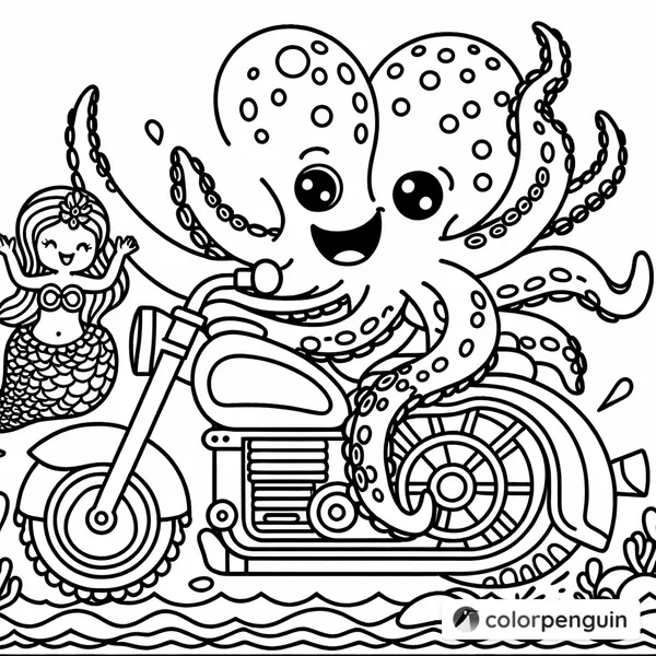 Octopus Riding a Motorcycle with a Mermaid