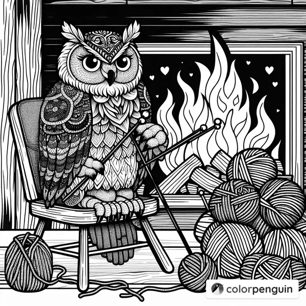 Owl Knitting by the Cozy Fire