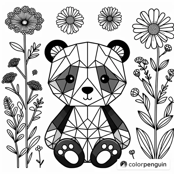 Geometric Panda Surrounded by Wildflowers