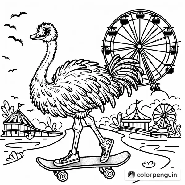 Ostrich on Skateboard at Amusement Park