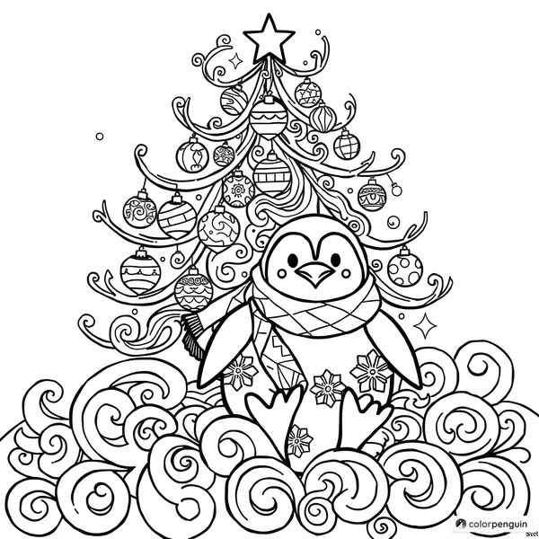 Penguin in a Scarf with Christmas Tree