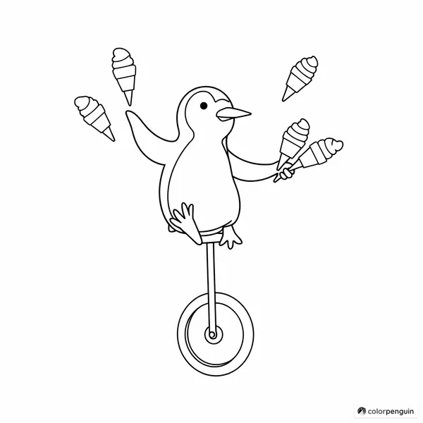 Penguin on a Unicycle Juggling Ice Creams