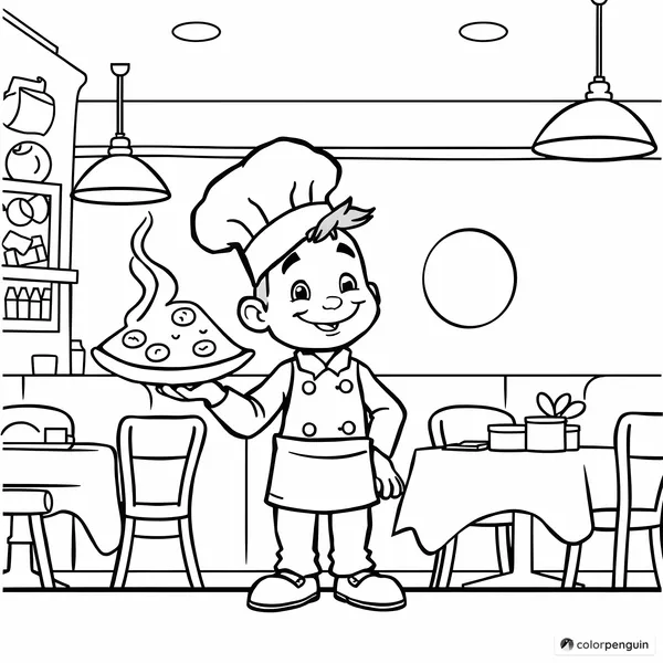 Little Chef with Pizza in Italian Restaurant