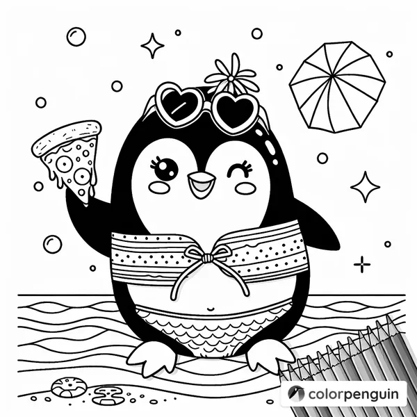 Penguin in a Swim Suit Eating Pizza