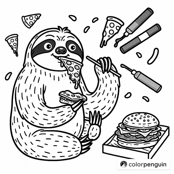 Sloth Enjoying Pizza and Hamburger