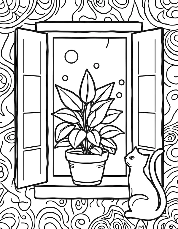 Plant in a Window with a Cat