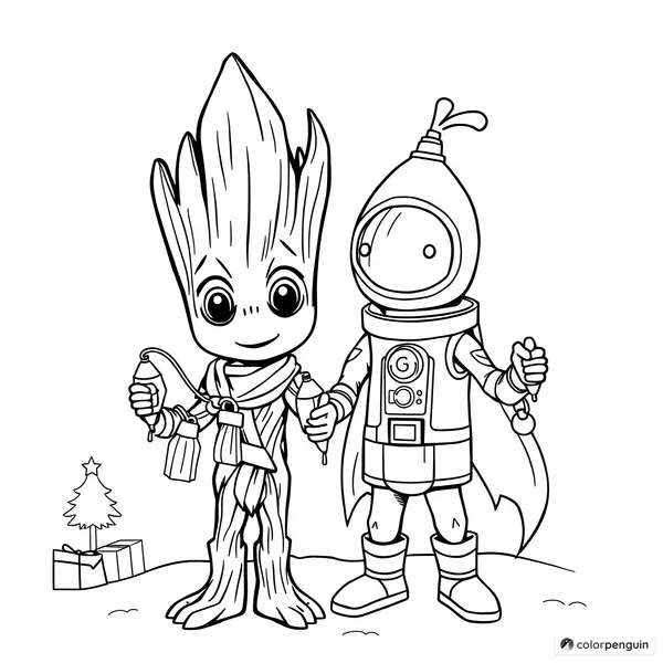 Groot and Rocket Wrapped in Christmas Lights