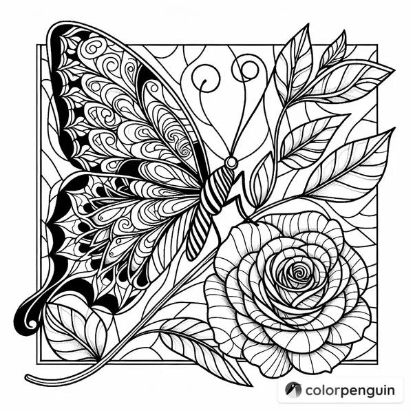 Stained Glass Style Butterfly on Rose