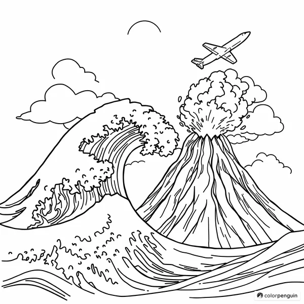 Exploding Volcano with a Giant Wave and Airplane