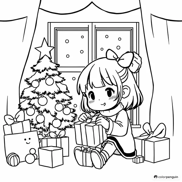 Little Girl Opening a Christmas Present