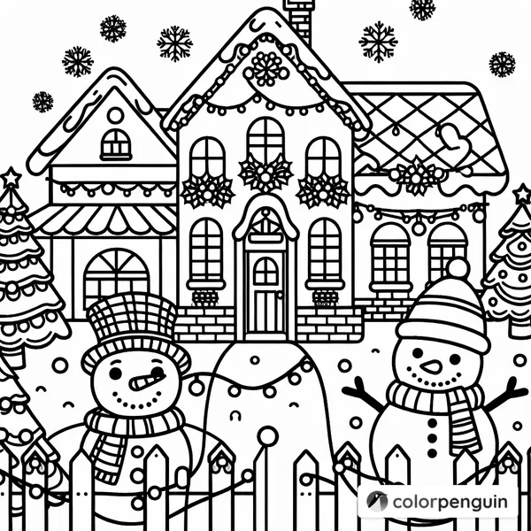 Christmas House and Snowman Coloring Page