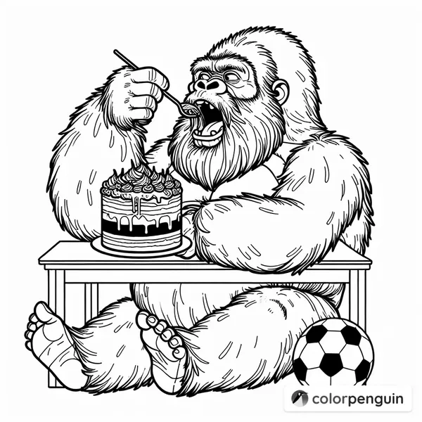 Gorilla with a Beard Enjoying Cake and Soccer