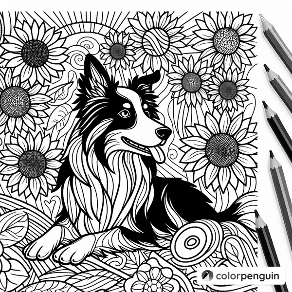 Border Collie Among Sunflowers