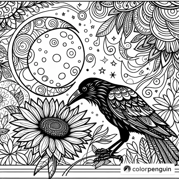 Crow and Sunflower Under a Full Moon