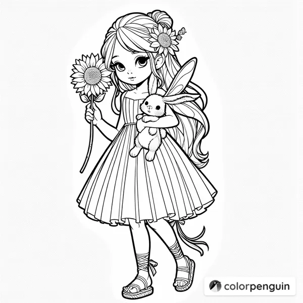 Fairy with a Bunny and a Sunflower