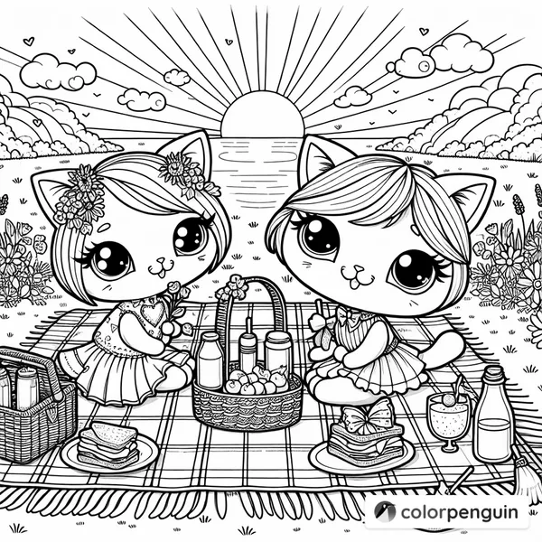 Cats' Romantic Picnic at Sunset