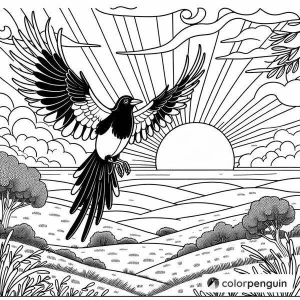 Joyful Magpie Gliding Towards the Sunset