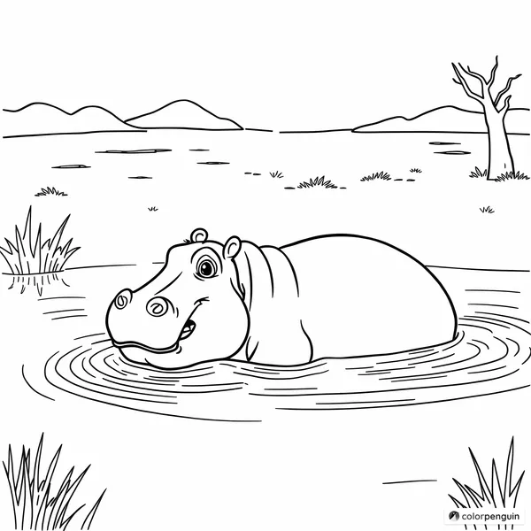 Hippo Swimming in a Savanna Lake