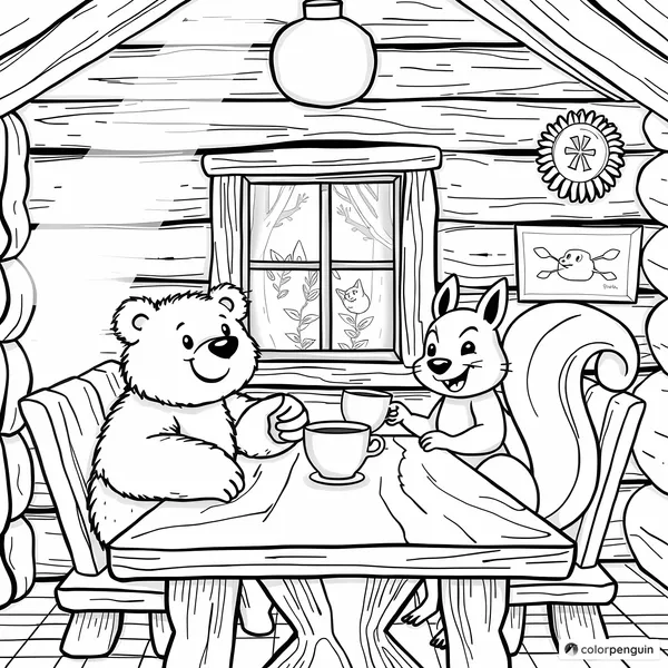 A Bear and a Squirrel Enjoying Tea in a Cozy Cabin