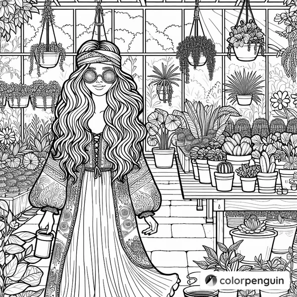 Hippie Woman in a Lush Greenhouse