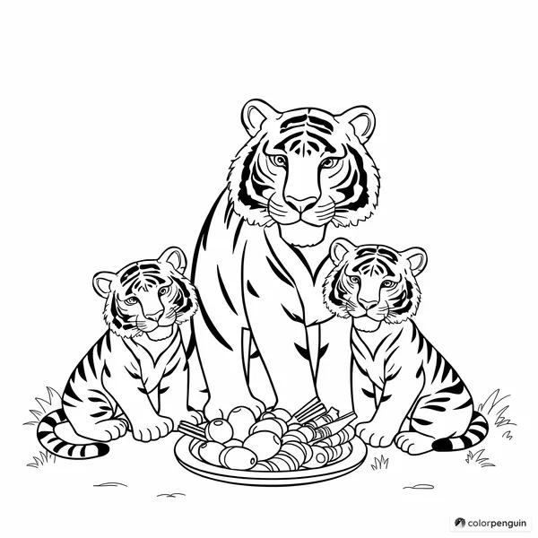 Family Tigers Enjoying Their Meal