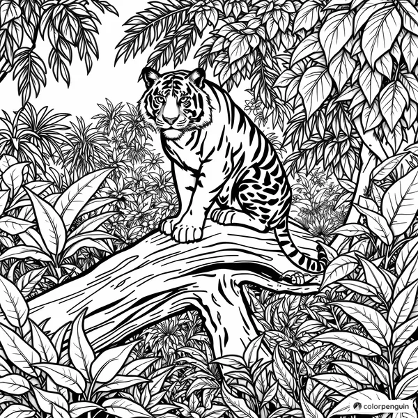 Tiger on a Fallen Tree in the Jungle