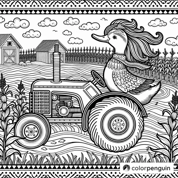 Duck with Long Hair Driving a Tractor