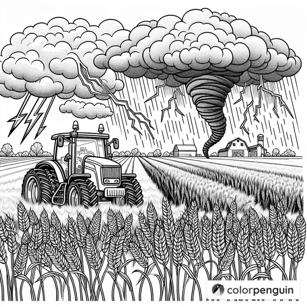 Tractor in a Wheat Field with Stormy Skies