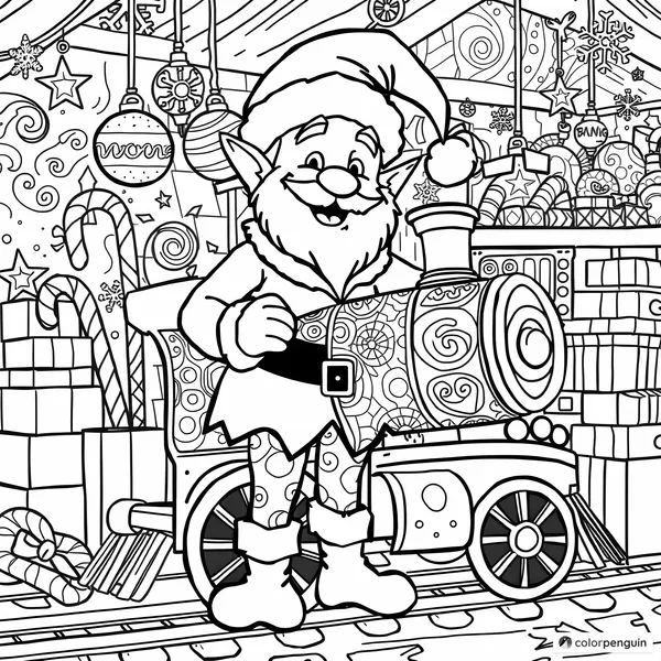 Elf with Toy Train in Santa's Workshop