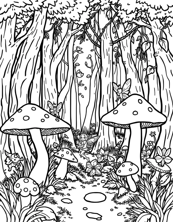 Fantasy Forest with Mushrooms and Hidden Fairies