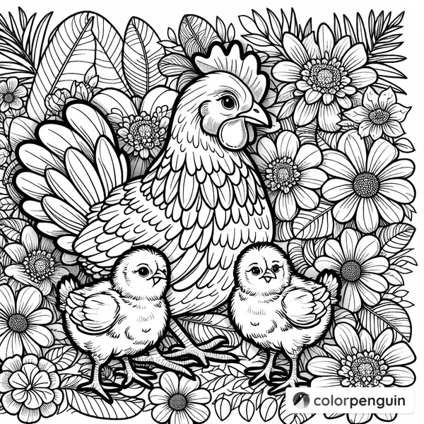 Chicken and Two Chicks in a Flower Garden