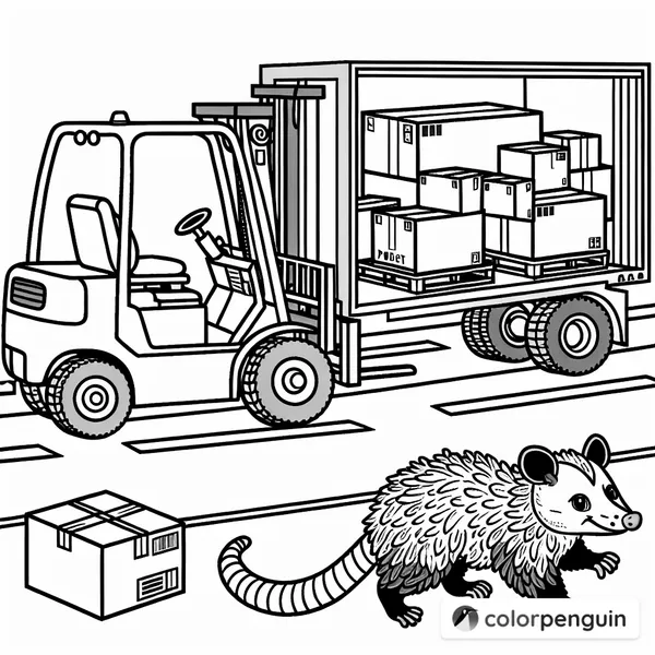 Forklift Loading a Truck with a Curious Opossum