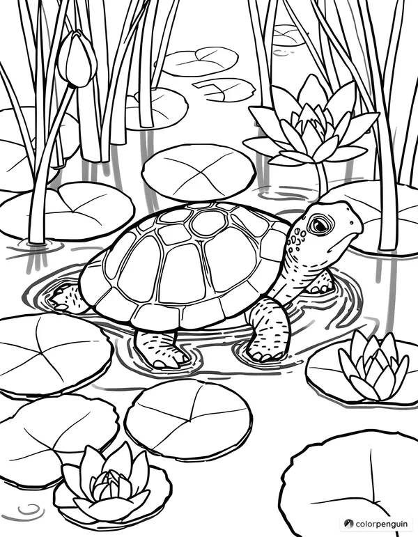 Turtle in a pond with lily pads